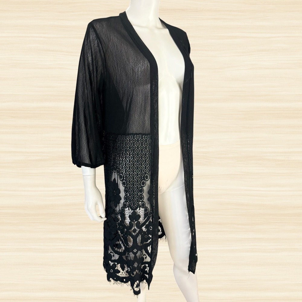 Ember Black Sheer Lace Kimono Duster Floral Festival Boho Whimsigoth Cardigan L
